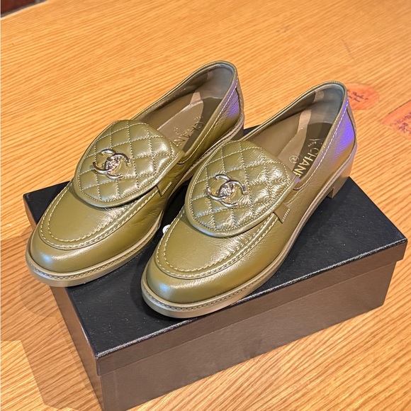 CHANEL Shoes - CHANEL Olive Quilted Loafers